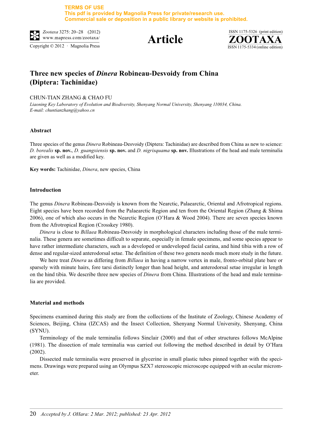 Three New Species of Dinera Robineau-Desvoidy from China (Diptera: Tachinidae)