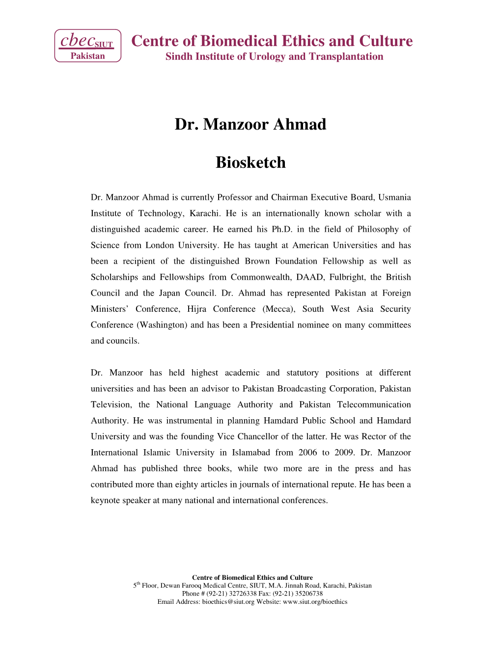 Dr. Manzoor Ahmad Biosketch