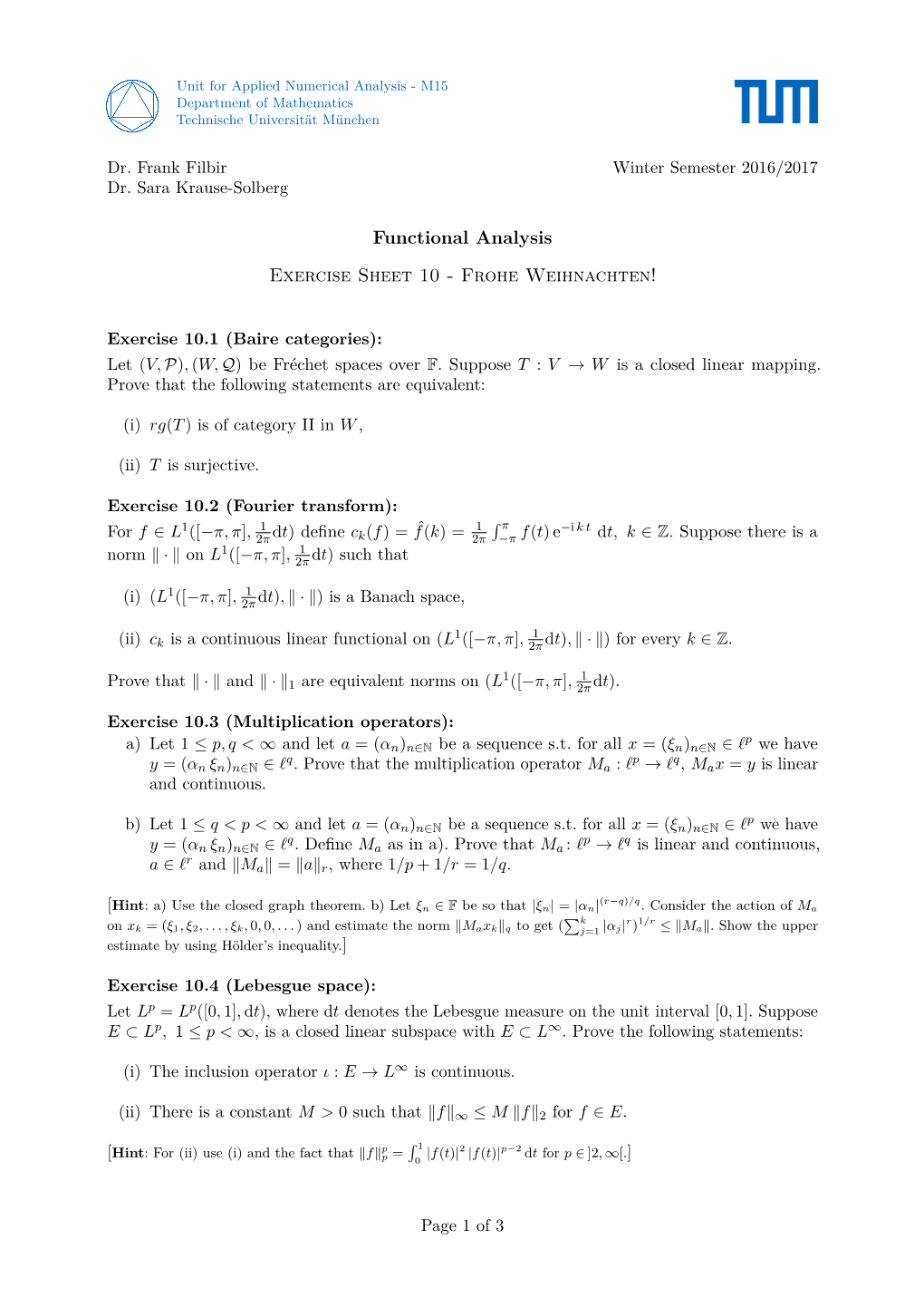 Functional Analysis Exercise Sheet 10