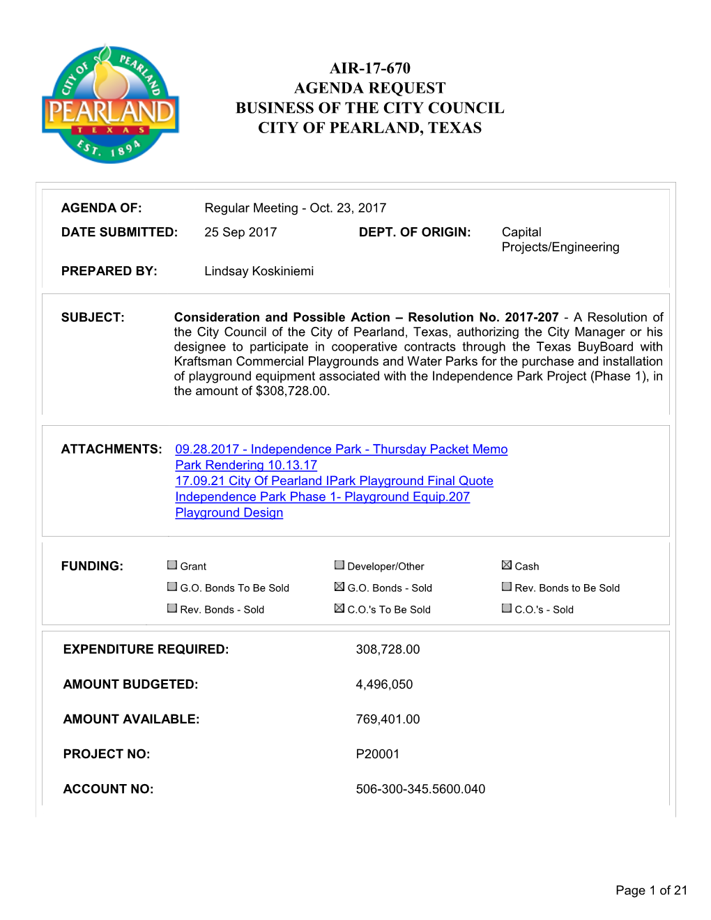 Air-17-670 Agenda Request Business of the City Council City of Pearland, Texas