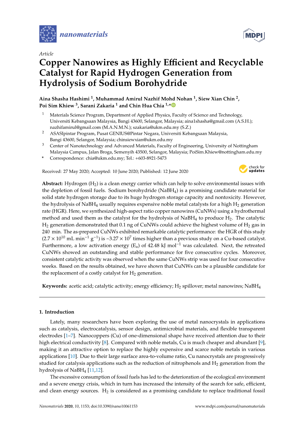 Copper Nanowires As Highly Efficient and Recyclable Catalyst for Rapid