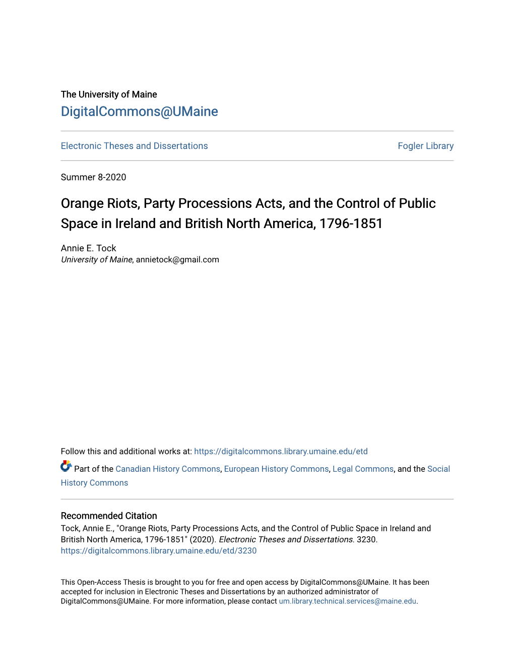 Orange Riots, Party Processions Acts, and the Control of Public Space in Ireland and British North America, 1796-1851