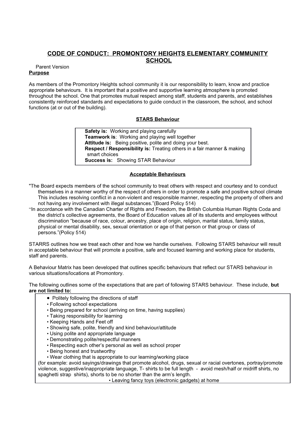 Code of Conduct: Promontory Heights Elementary Community School