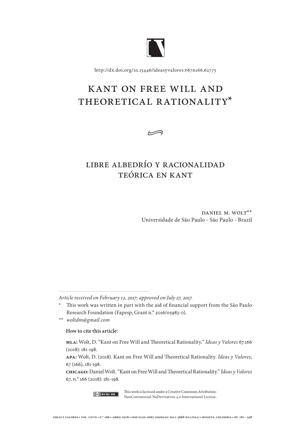 Kant on Free Will and Theoretical Rationality1*