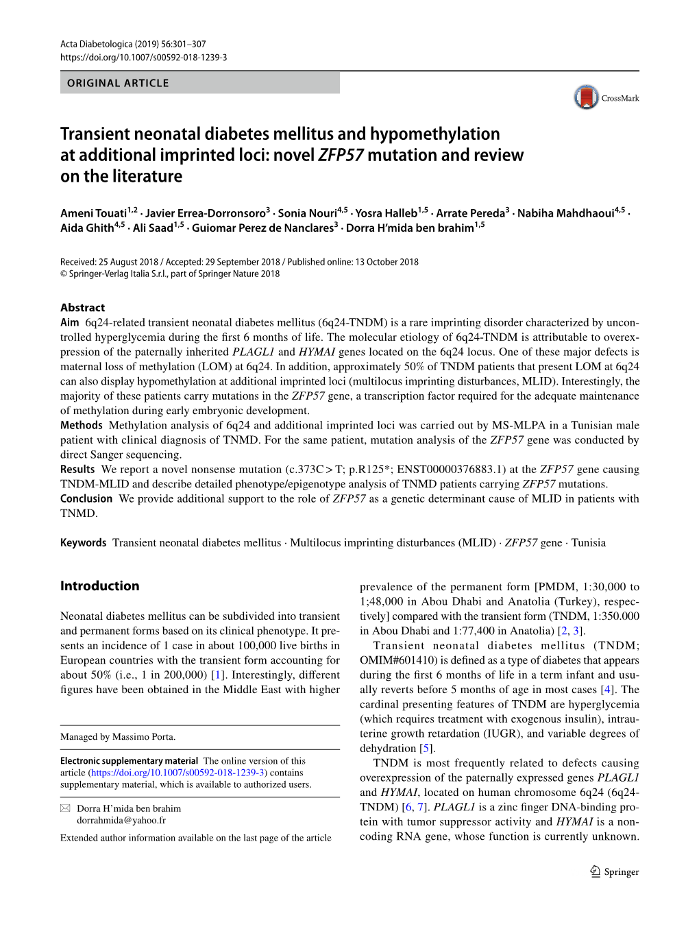 Transient Neonatal Diabetes Mellitus and Hypomethylation at Additional Imprinted Loci: Novel ZFP57 Mutation and Review on the Literature