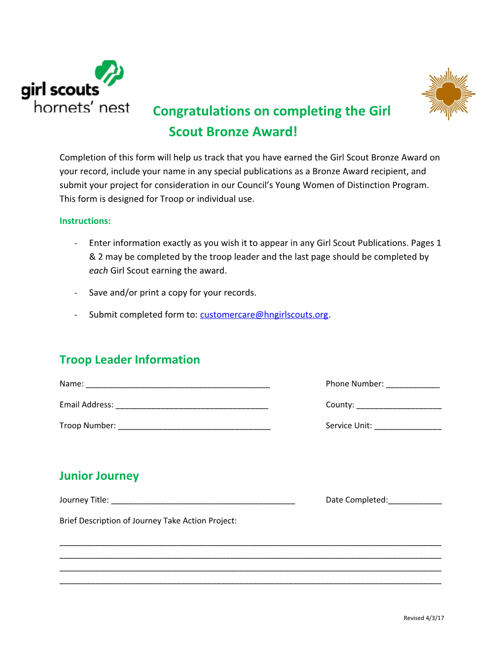 Congratulations on Completing the Girl Scout Bronze Award!