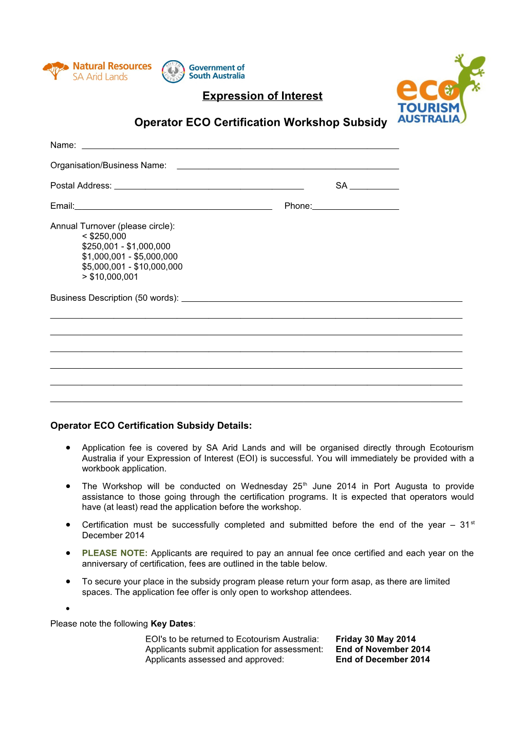 Operator ECO Certification Workshop Subsidy