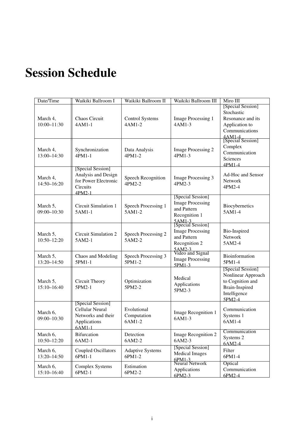 Session Schedule