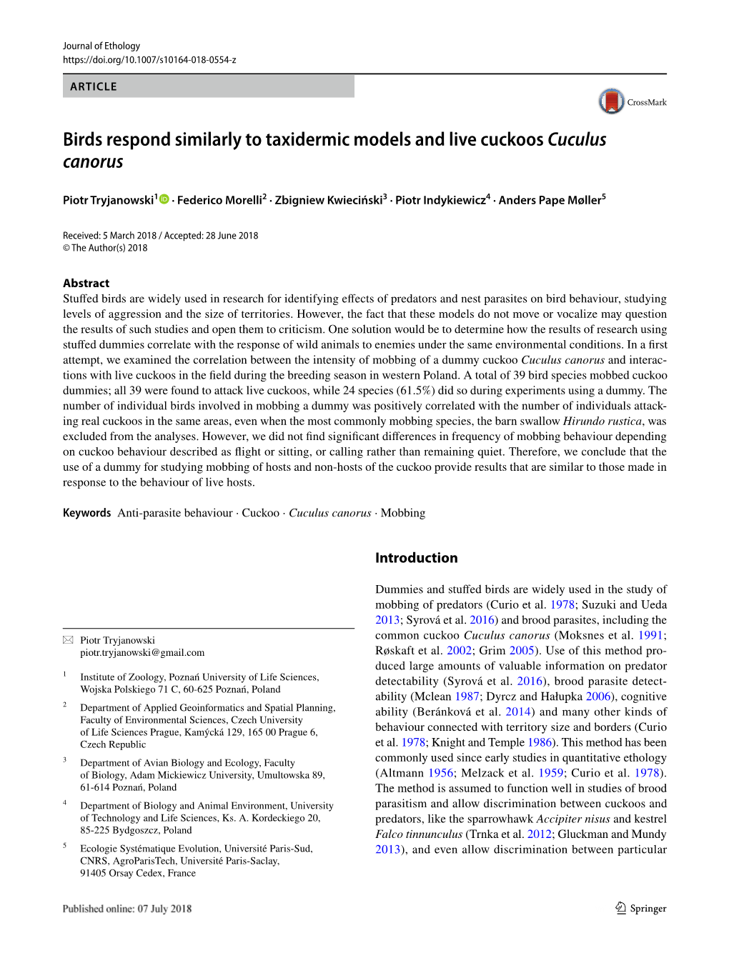 Birds Respond Similarly to Taxidermic Models and Live Cuckoos Cuculus Canorus