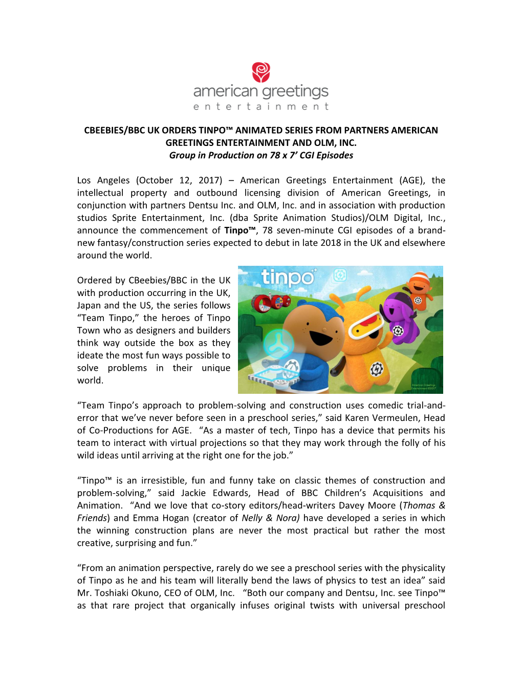 Cbeebies/Bbc Uk Orders Tinpo™ Animated Series from Partners American Greetings Entertainment and Olm, Inc
