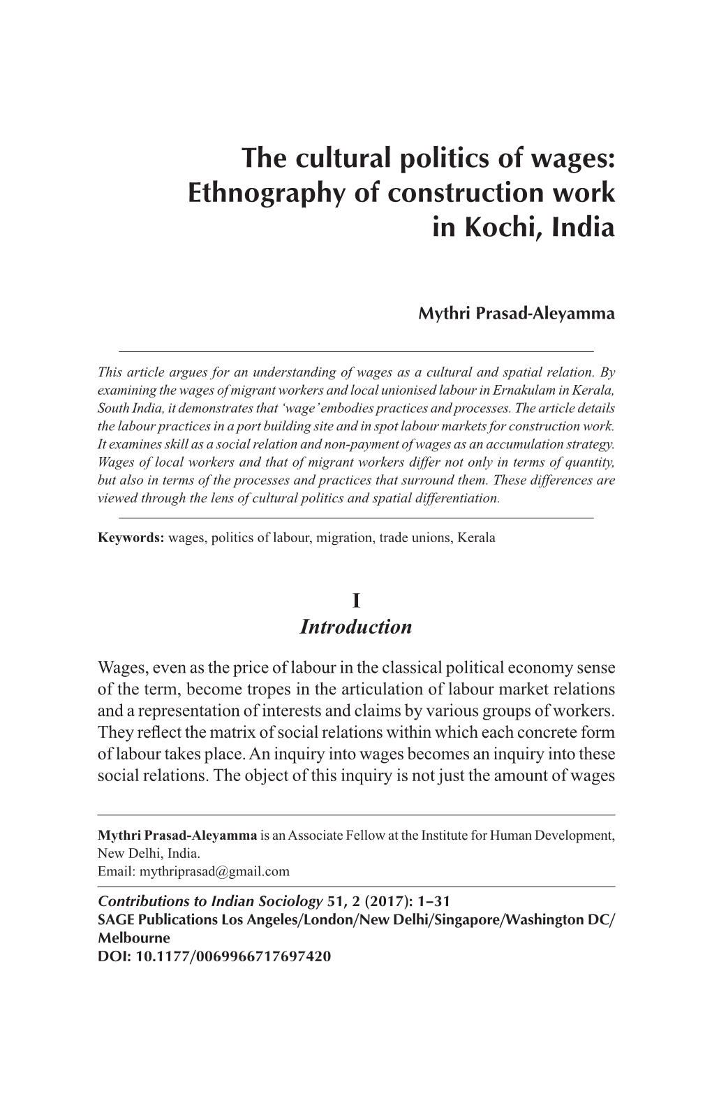 The Cultural Politics of Wages: Ethnography of Construction Work in Kochi, India