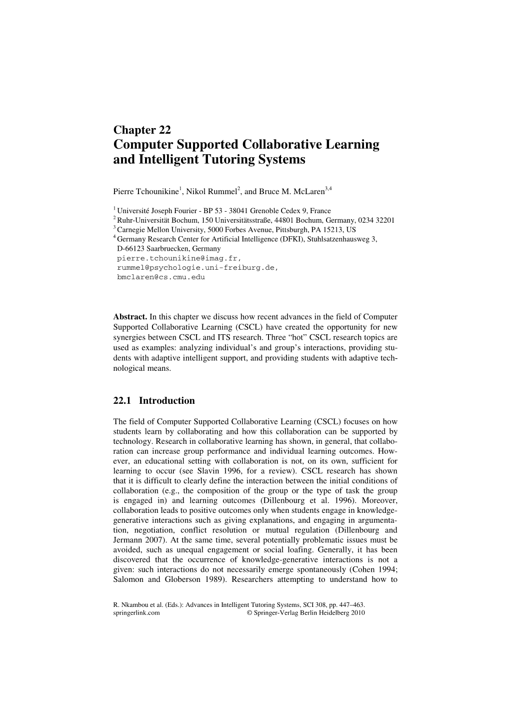 Computer Supported Collaborative Learning and Intelligent Tutoring Systems