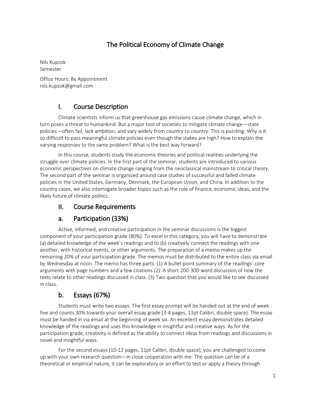 The Political Economy of Climate Change I. Course Description II