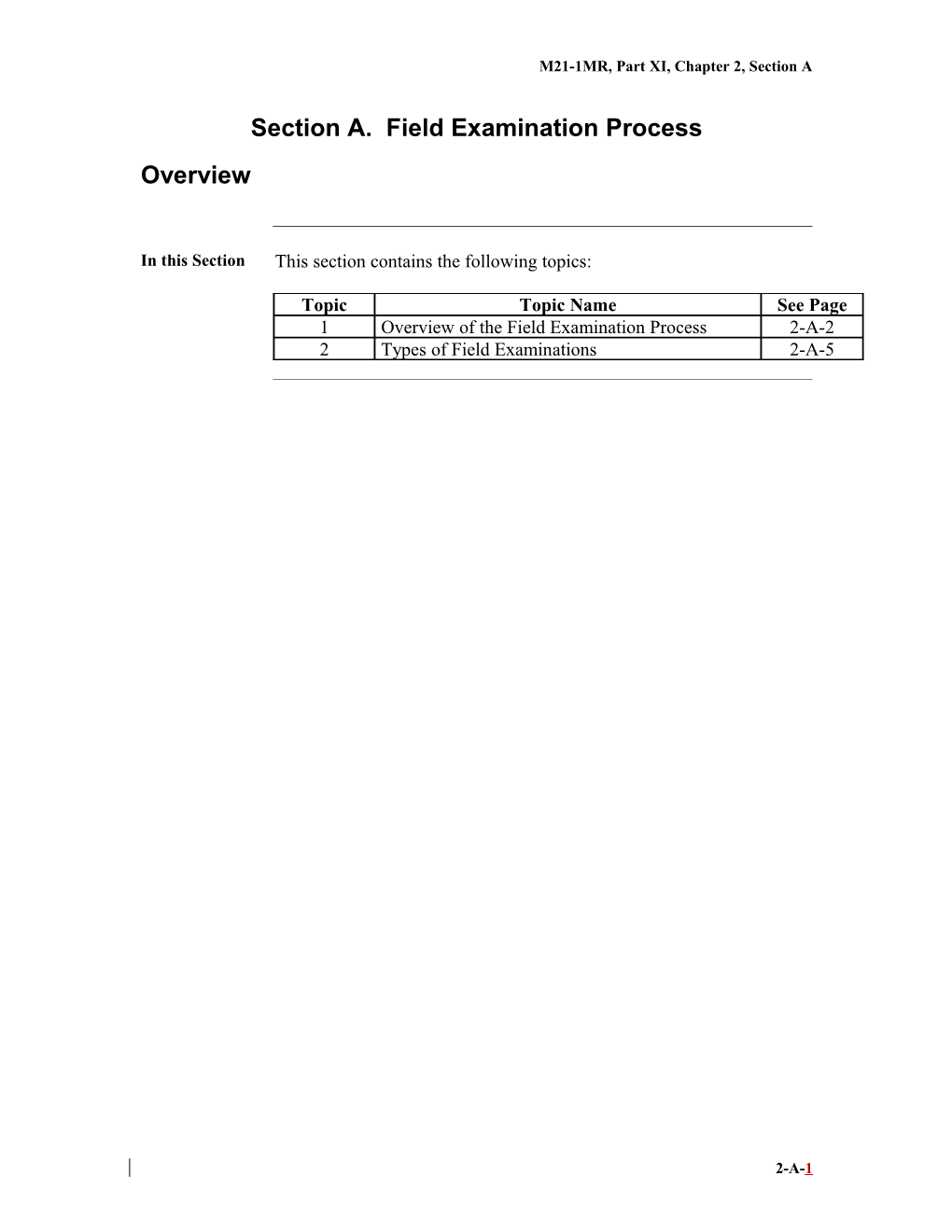 M21-1MR, Part XI, Chapter 2, Section A. Field Examination Process