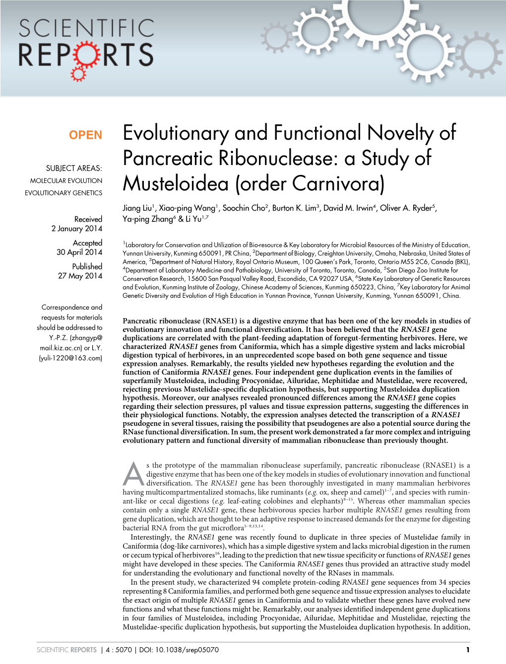 Evolutionary and Functional Novelty of Pancreatic Acknowledgments Ribonuclease: a Study of Musteloidea (Order Carnivora)