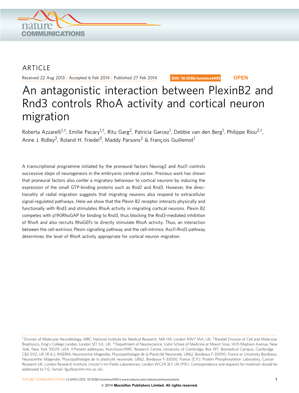 An Antagonistic Interaction Between Plexinb2 and Rnd3 Controls Rhoa Activity and Cortical Neuron Migration