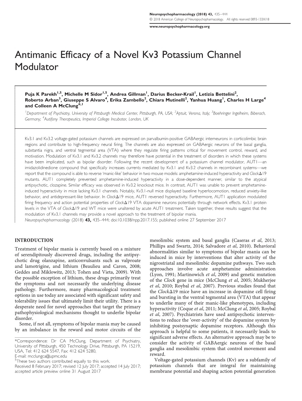 Antimanic Efficacy of a Novel Kv3 Potassium Channel Modulator