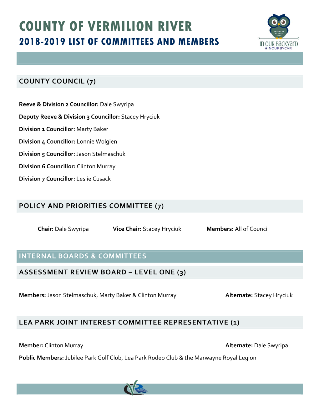 County of Vermilion River 2018-2019 List of Committees and Members