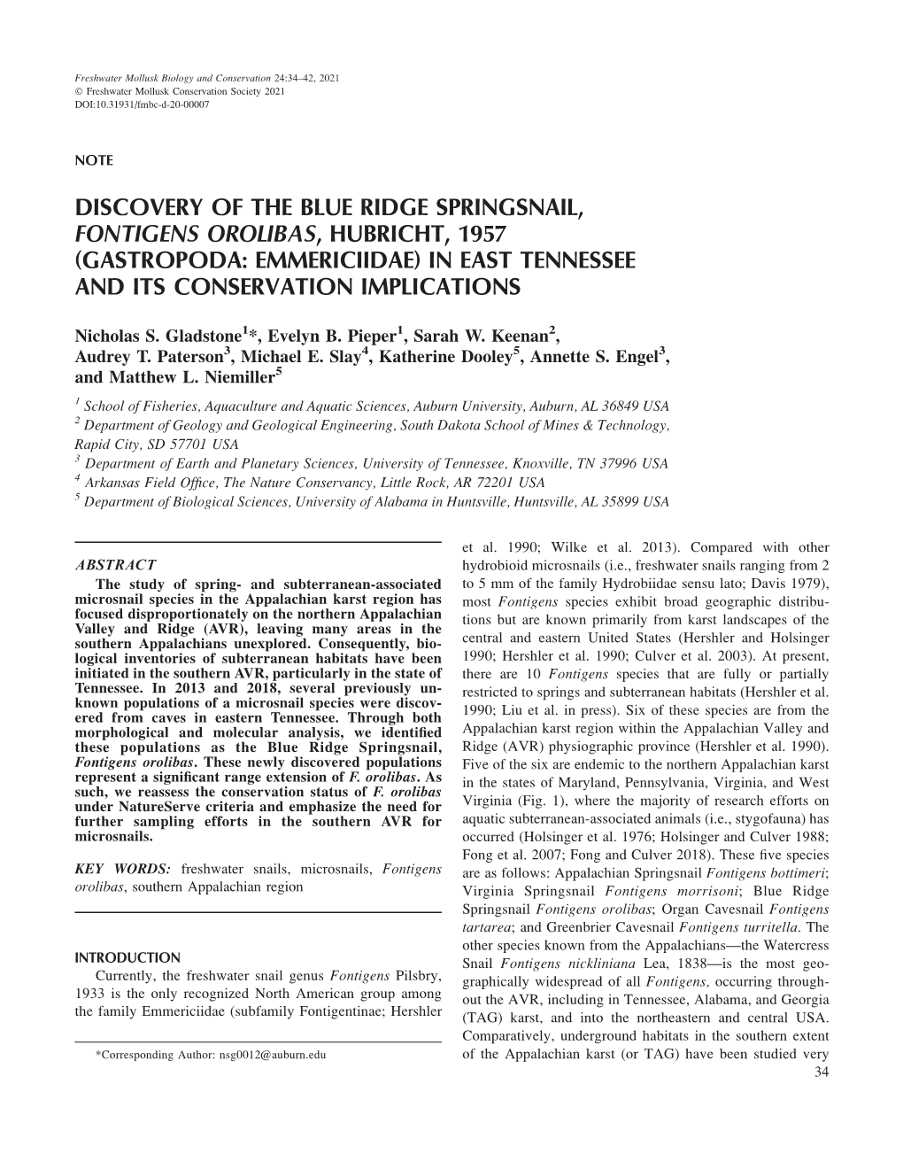 Discovery of the Blue Ridge Springsnail, Fontigens Orolibas, Hubricht, 1957 (Gastropoda: Emmericiidae) in East Tennessee and Its Conservation Implications