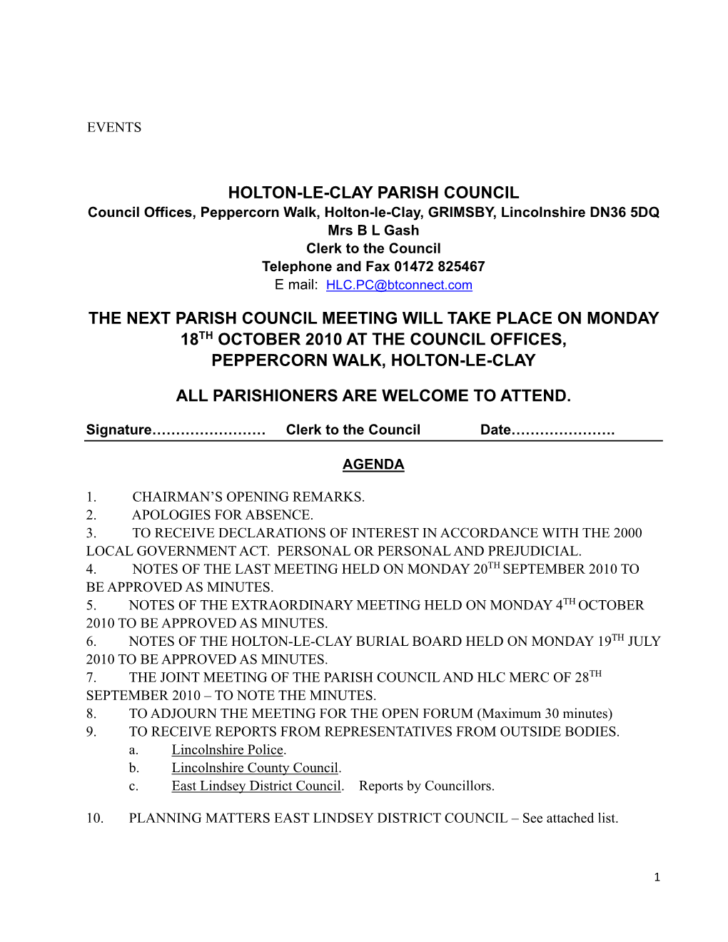 Holton Le Clay Parish Council Full Meeting to Be Held On