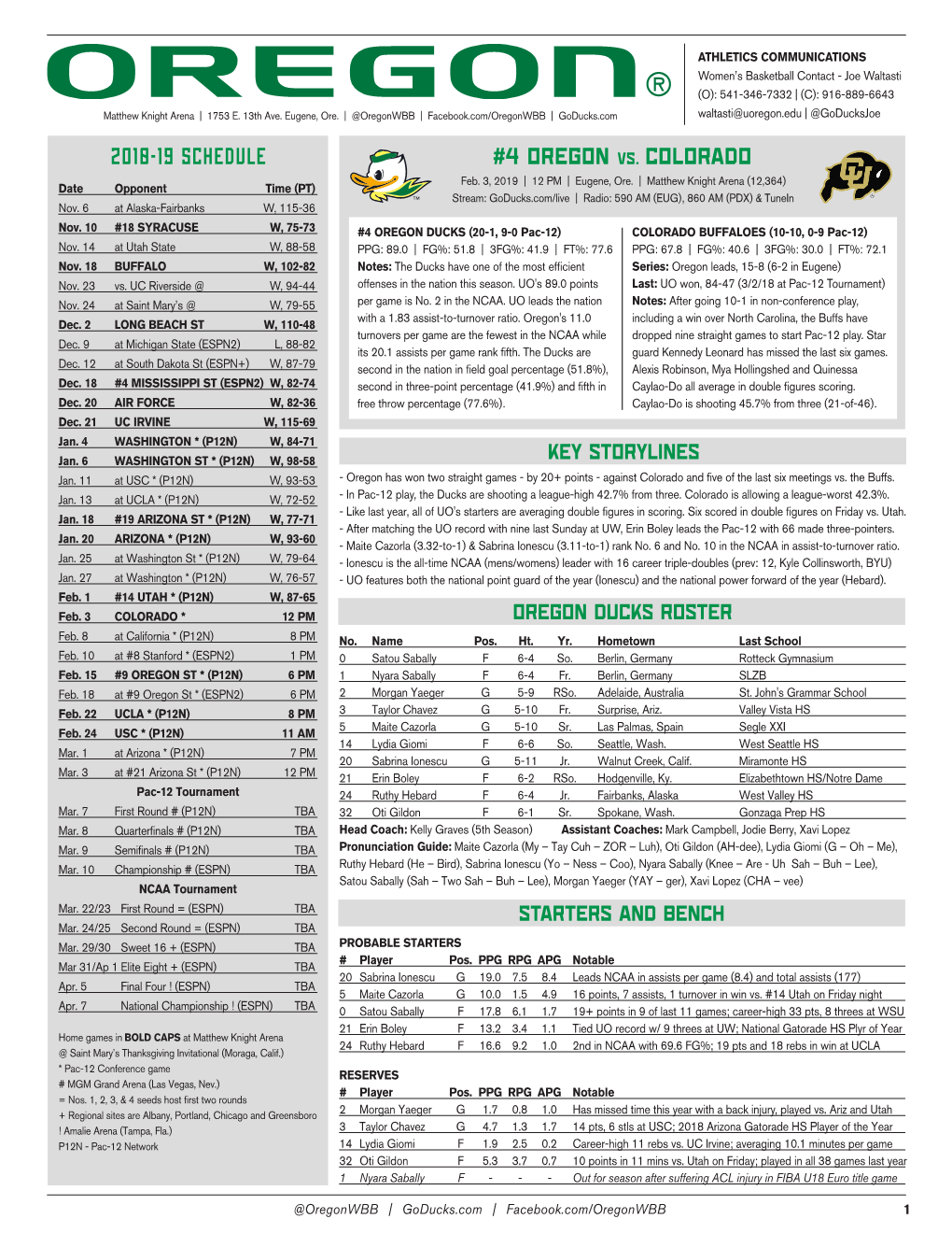 4 OREGON Vs. COLORADO 2018-19 SCHEDULE