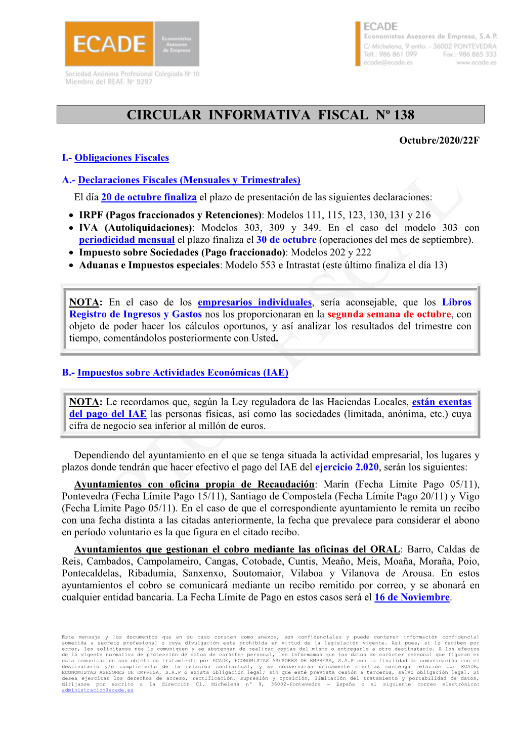 Circular Informativa Fiscal Nº 138