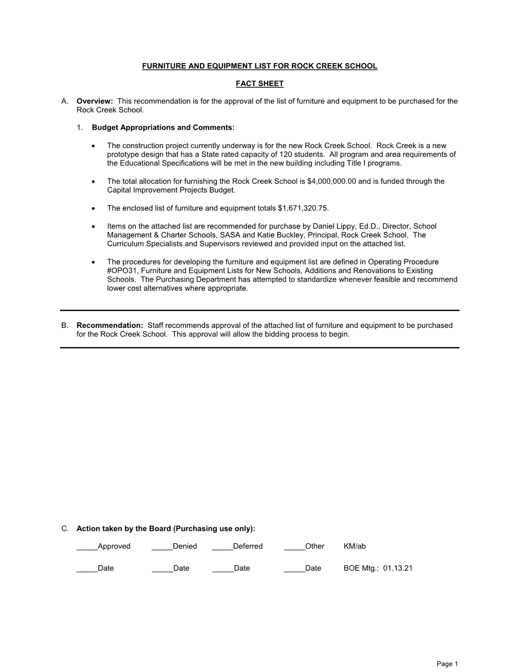 Furniture and Equipment List for Rock Creek School