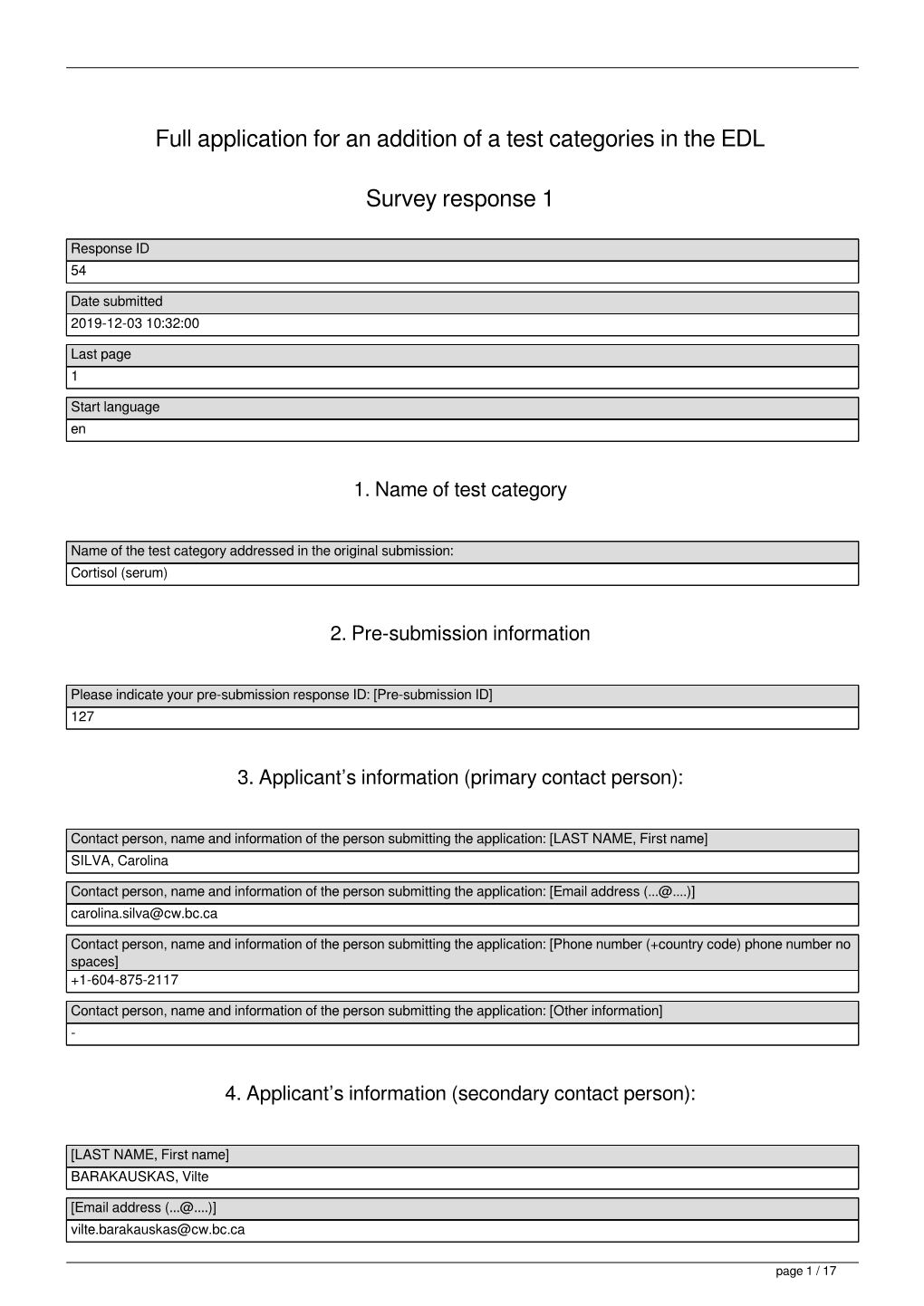 Full Application for an Addition of a Test Categories in the EDL