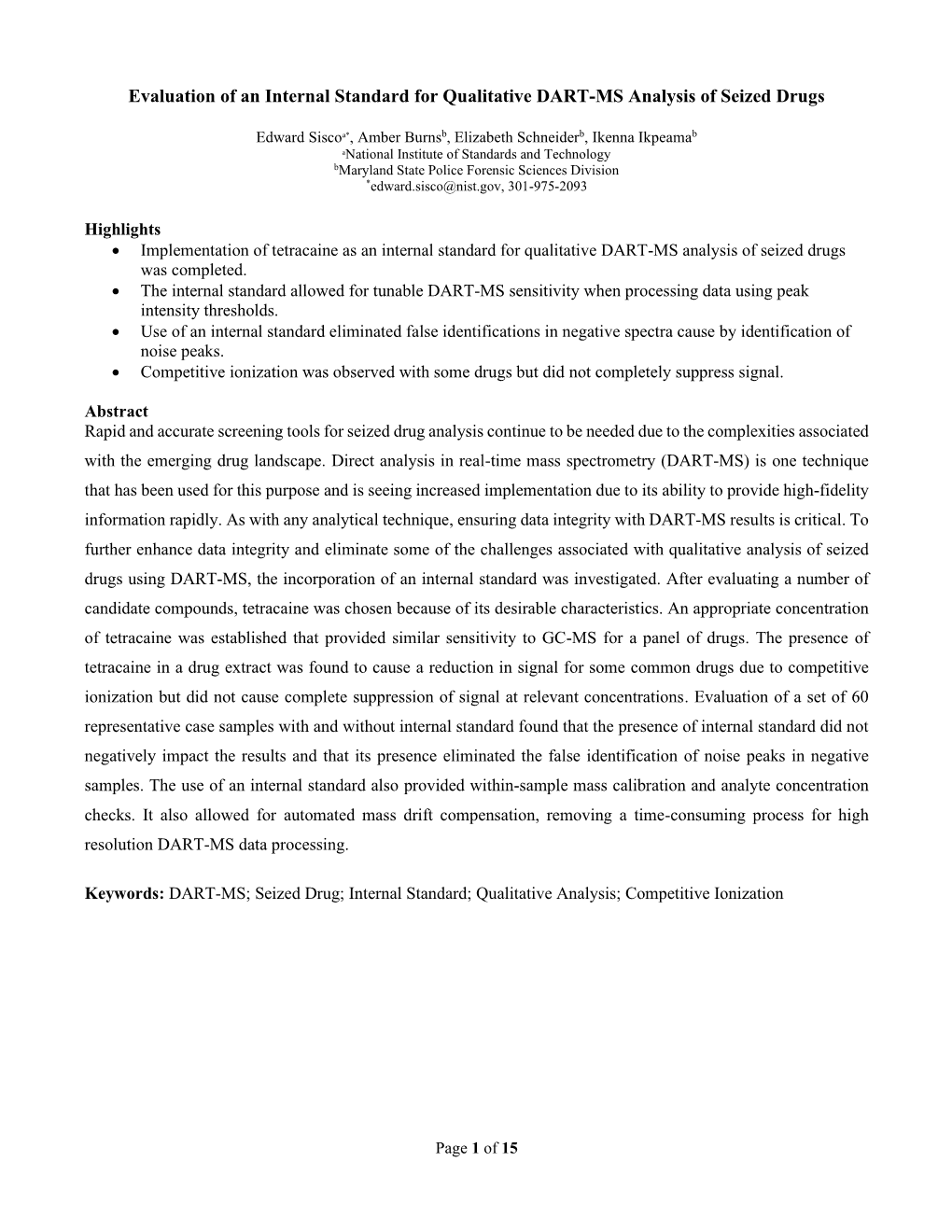 Evaluation of an Internal Standard for Qualitative DART-MS Analysis of Seized Drugs