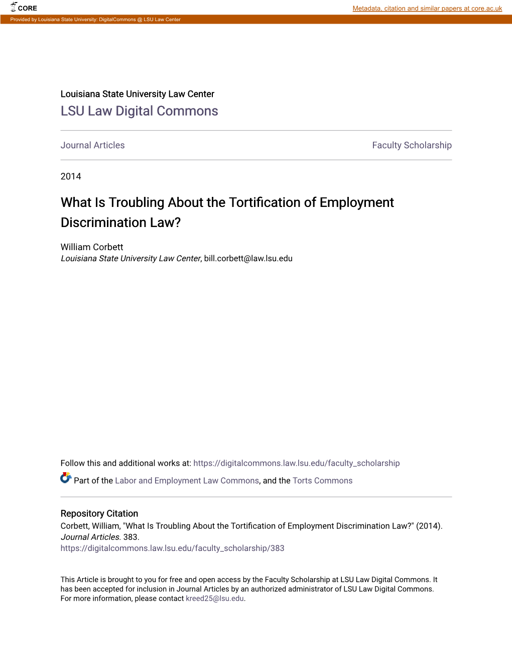 What Is Troubling About the Tortification of Employment Discrimination Law?