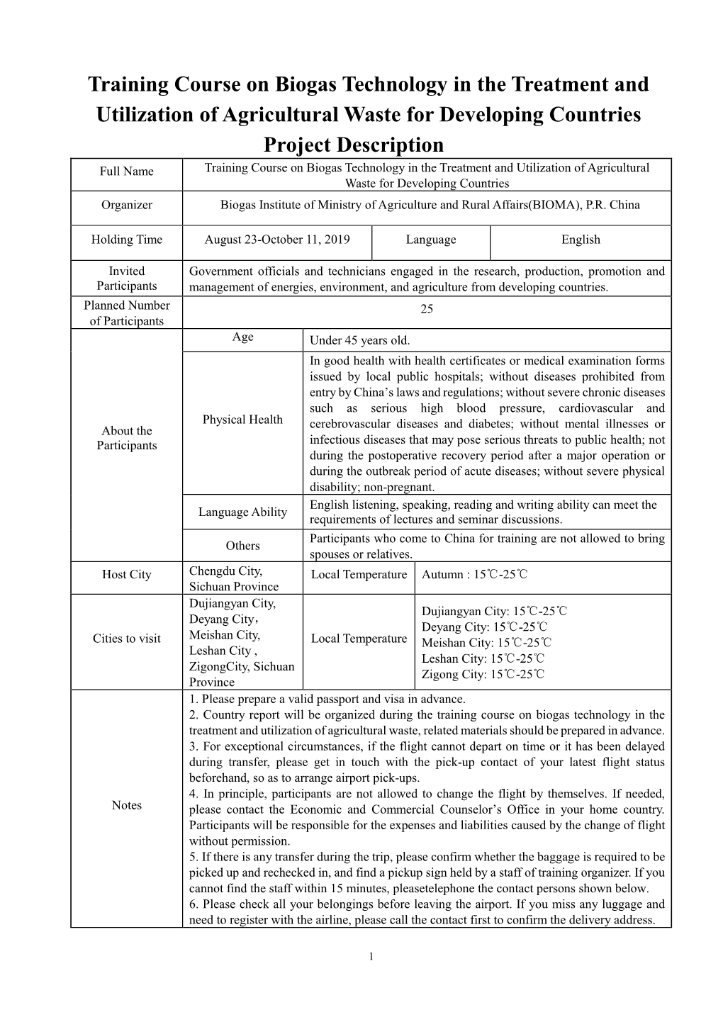 Training Course on Biogas Technology in the Treatment And