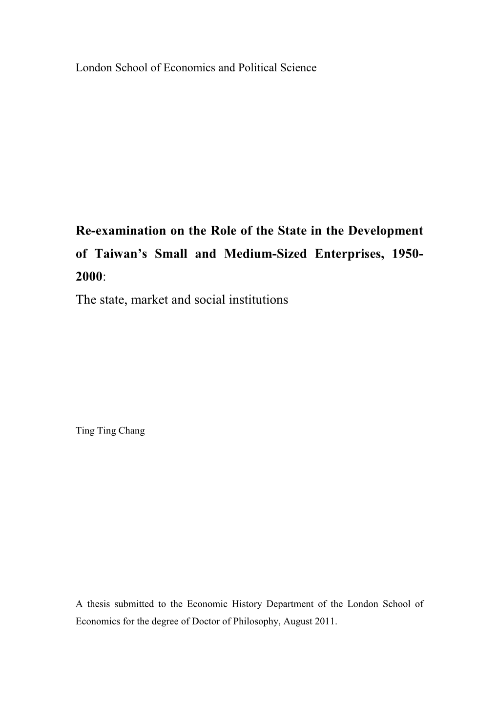 Re-Examination on the Role of the State in the Development of Taiwan's Small and Medium-Sized Enterprises, 1950- 2000: the St