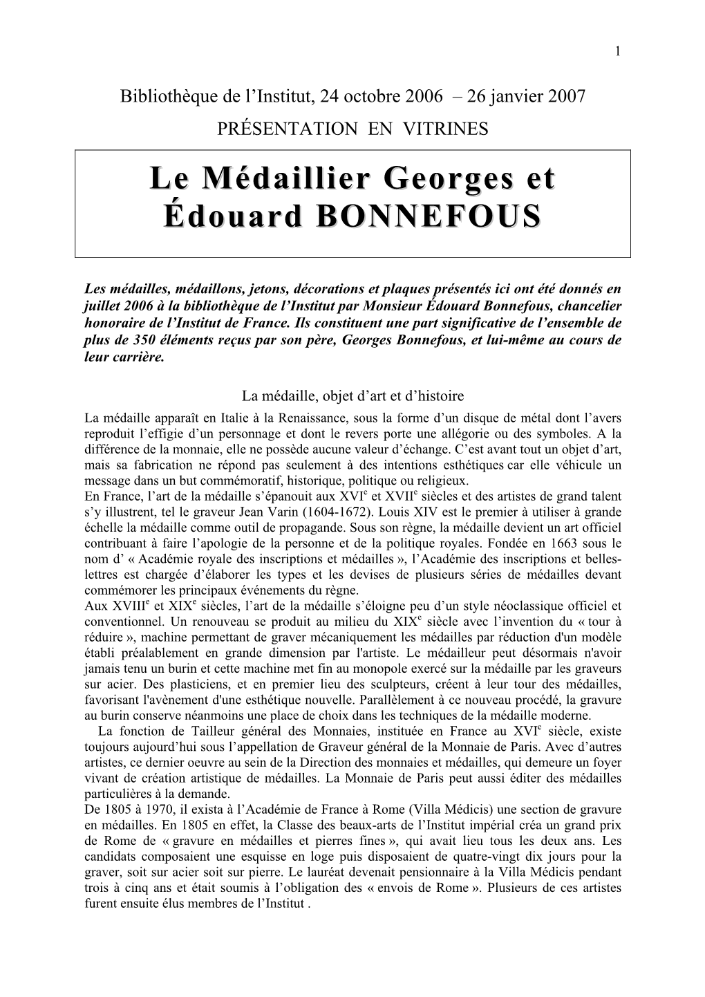 Le Médaillier Georges Et Edouard