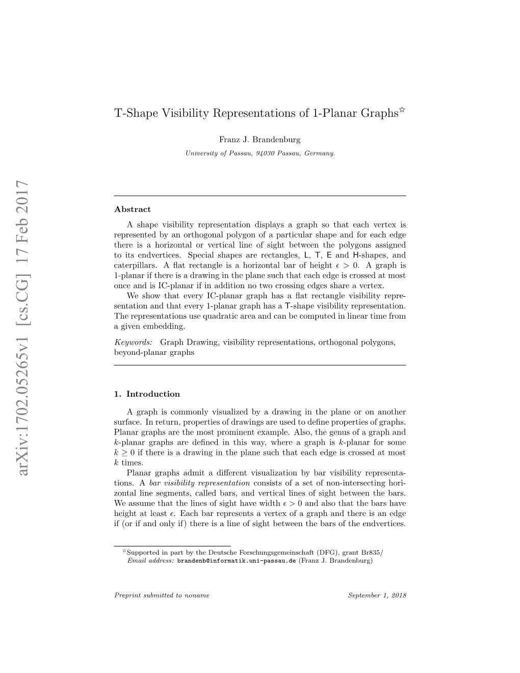 Arxiv:1702.05265V1 [Cs.CG] 17 Feb 2017 Planar Graphs Admit a Diﬀerent Visualization by Bar Visibility Representa- Tions