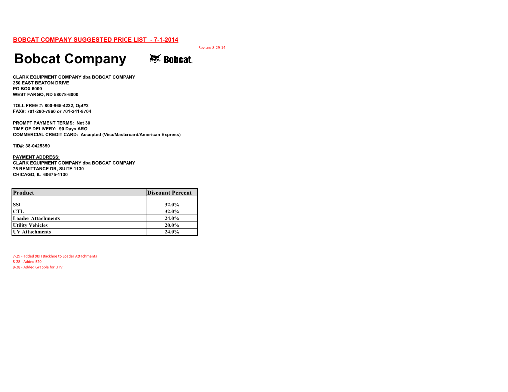 BOBCAT COMPANY SUGGESTED PRICE LIST - 7-1-2014 Revised 8-29-14