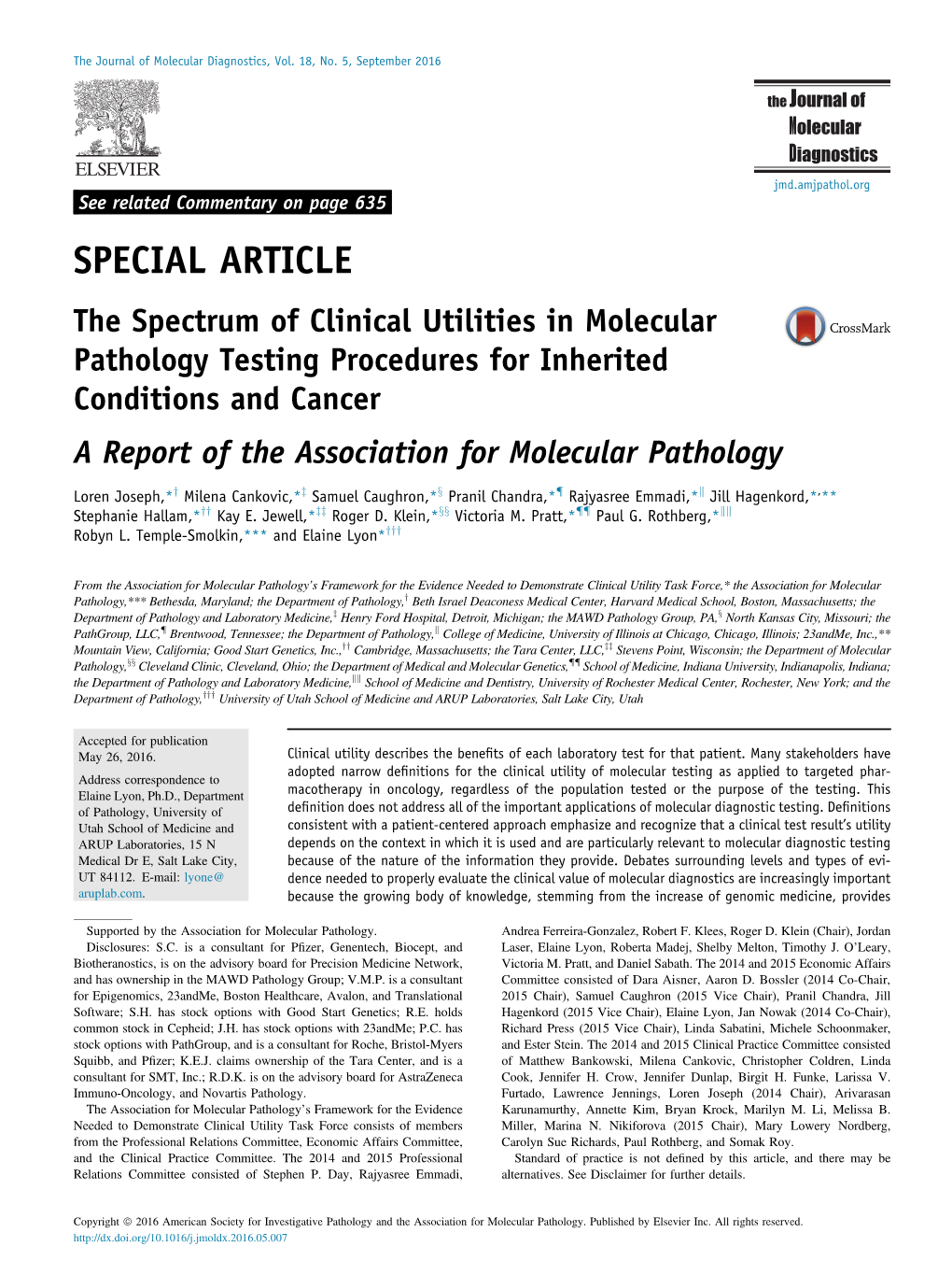The Spectrum of Clinical Utilities in Molecular Pathology Testing Procedures for Inherited Conditions and Cancer a Report of the Association for Molecular Pathology
