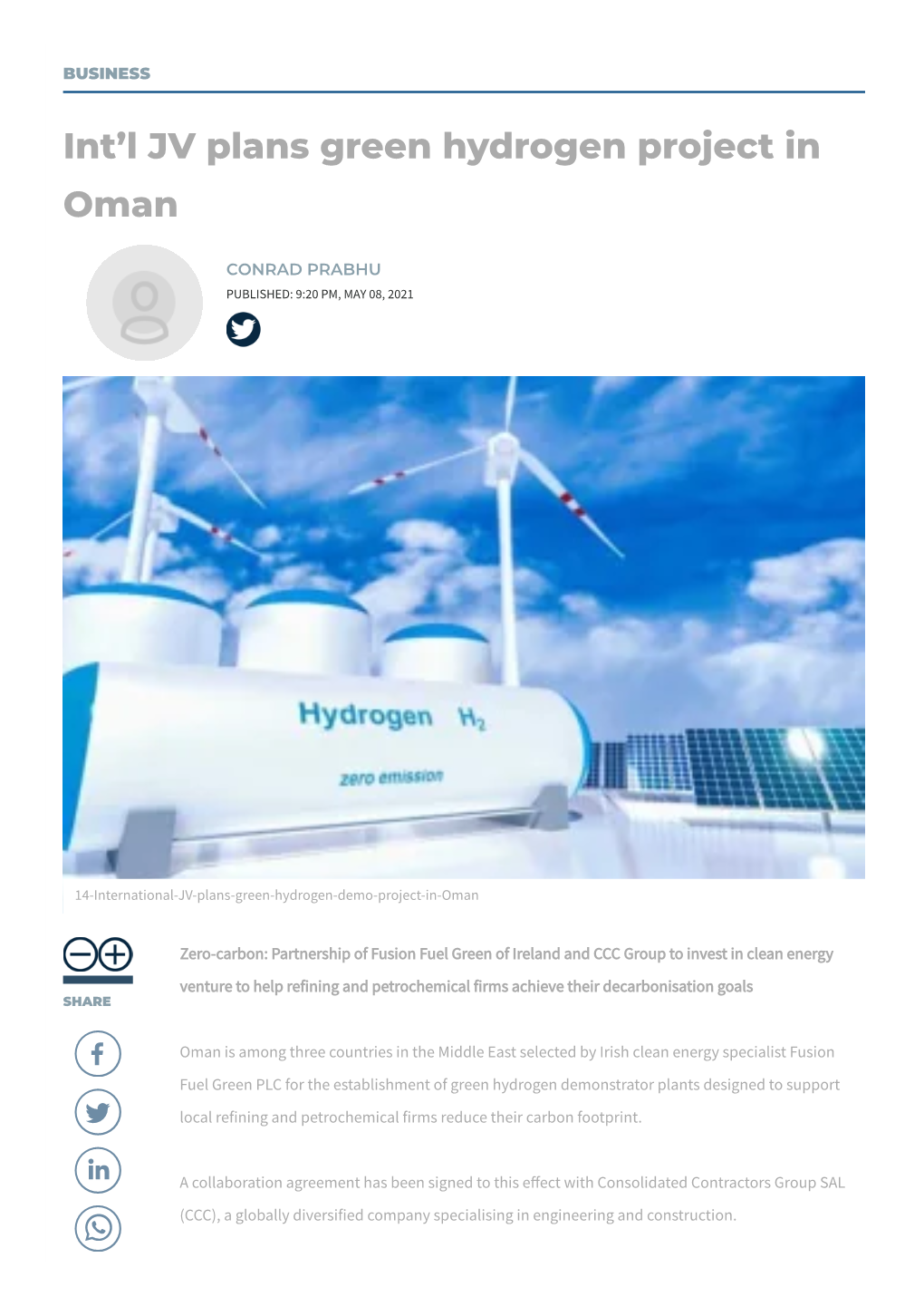 Int'l JV Plans Green Hydrogen Project in Oman