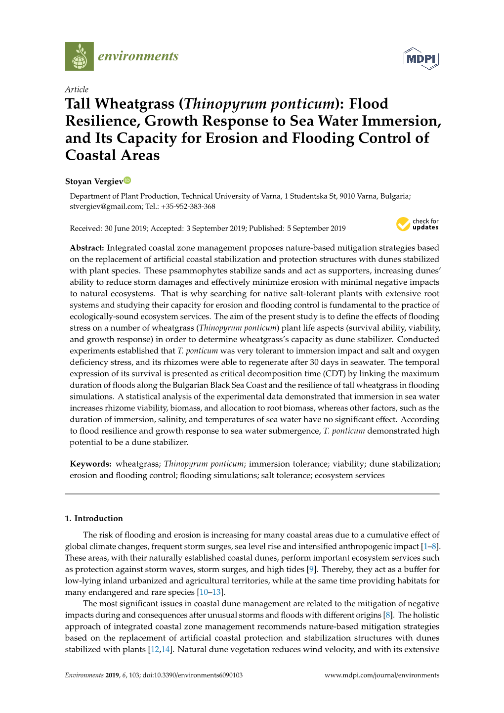 Thinopyrum Ponticum): Flood Resilience, Growth Response to Sea Water Immersion, and Its Capacity for Erosion and Flooding Control of Coastal Areas