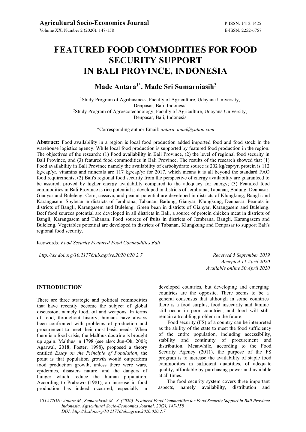 Featured Food Commodities for Food Security Support in Bali Province, Indonesia