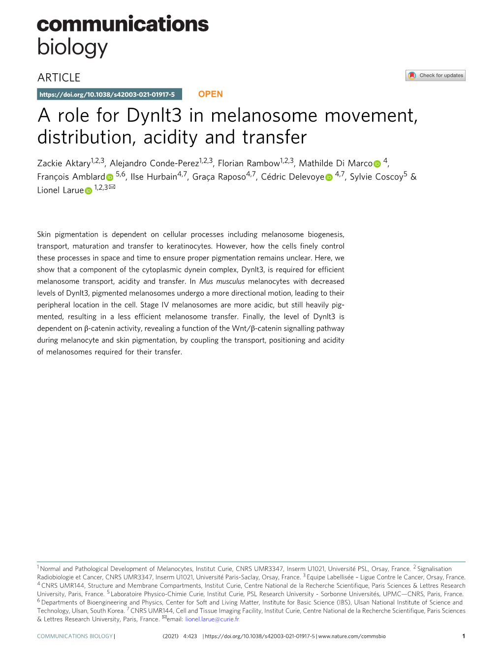 A Role for Dynlt3 in Melanosome Movement, Distribution, Acidity and Transfer
