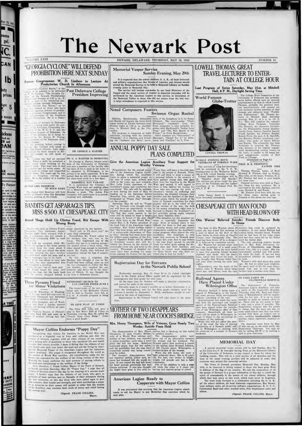 The Newark Post YOLU MN XXIII NEWARK, DELAWARE, THURSDAY, MAY 19, 1932 NUMBER 16
