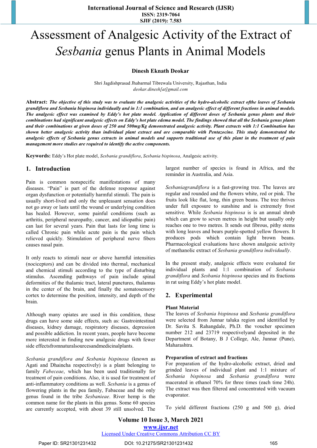 Assessment of Analgesic Activity of the Extract of Sesbania Genus Plants in Animal Models