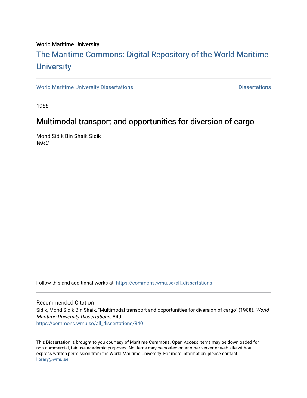 Multimodal Transport and Opportunities for Diversion of Cargo