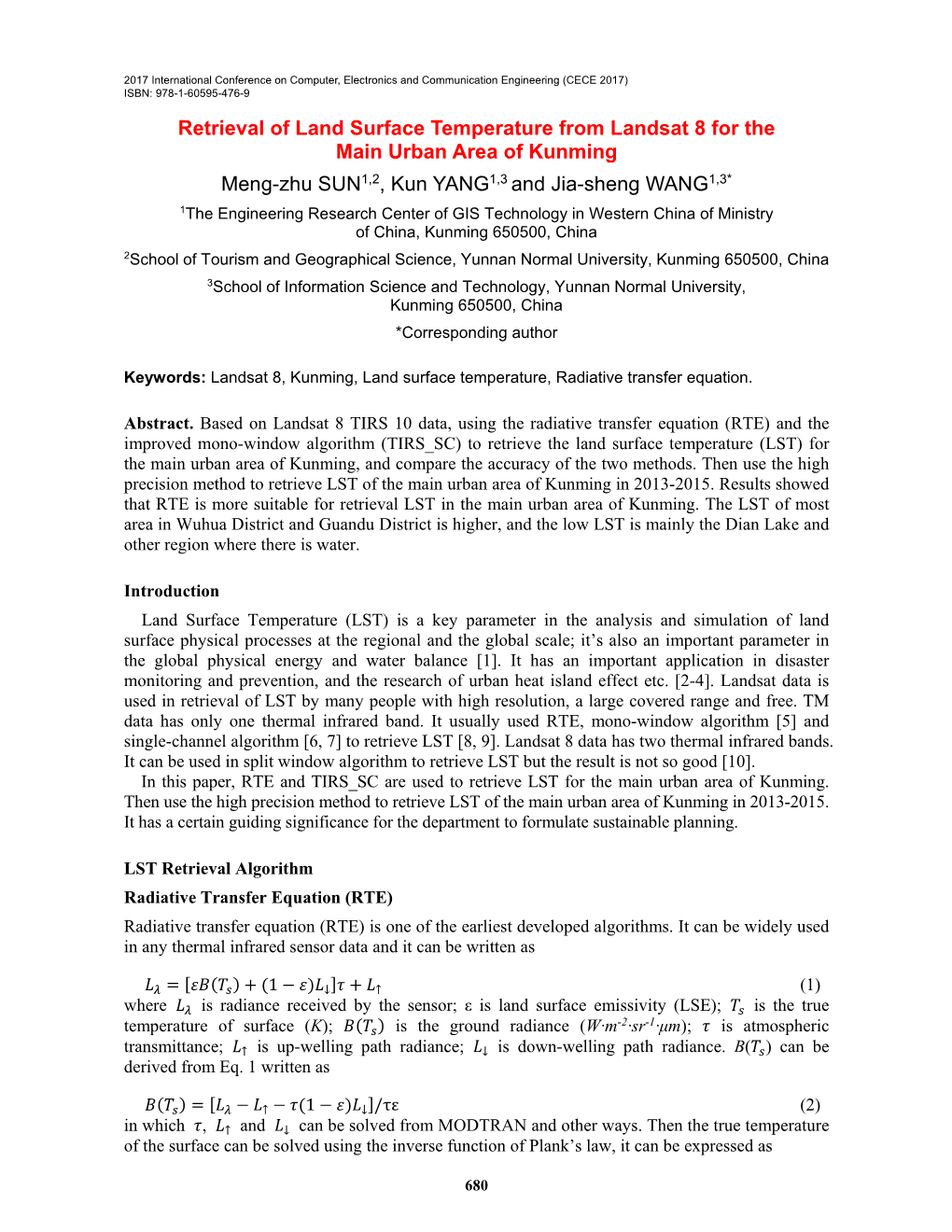 Retrieval of Land Surface Temperature from Landsat 8 for the Main Urban Area of Kunming