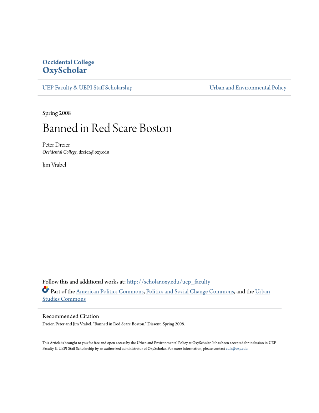 Banned in Red Scare Boston Peter Dreier Occidental College, Dreier@Oxy.Edu