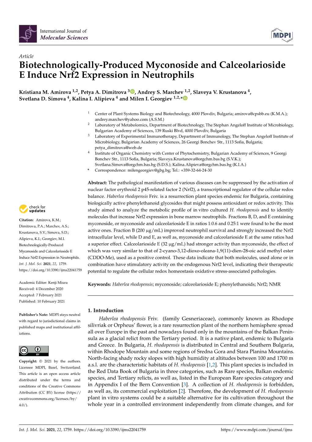 Biotechnologically-Produced Myconoside and Calceolarioside E Induce Nrf2 Expression in Neutrophils