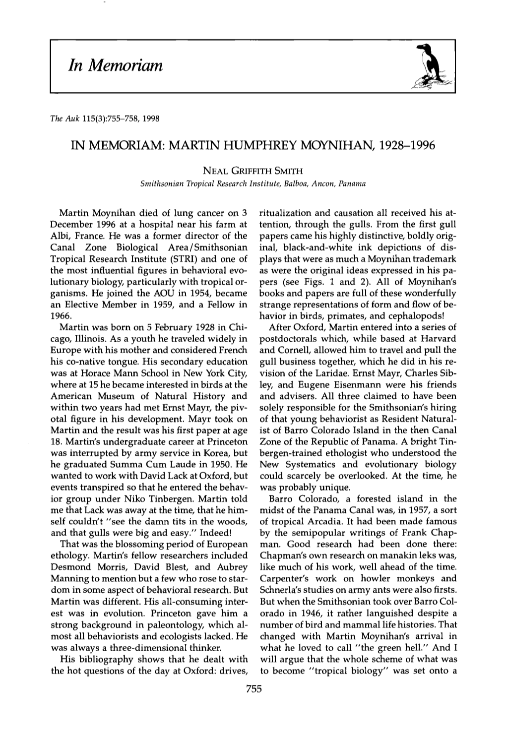 In Memoriam: Martin Humphrey Moynihan, 1928-1996
