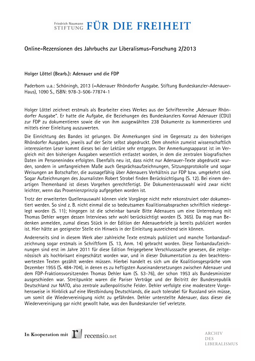 Online-Rezensionen Des Jahrbuchs Zur Liberalismus-Forschung 2/2013