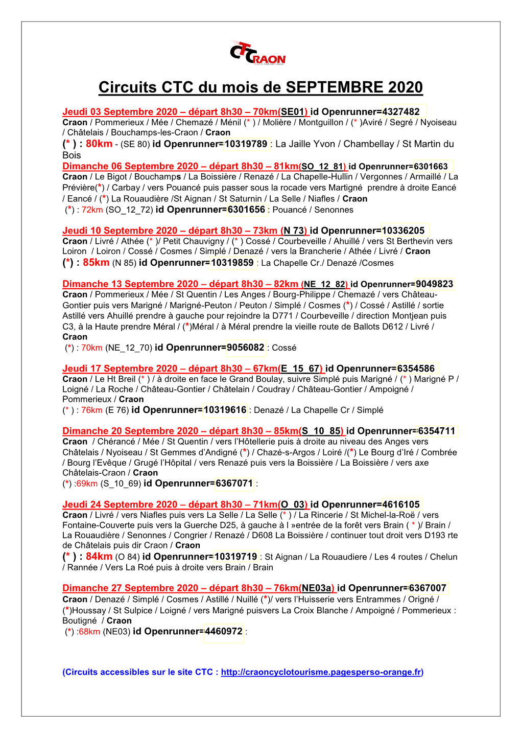 Circuits CTC Du Mois De SEPTEMBRE 2020