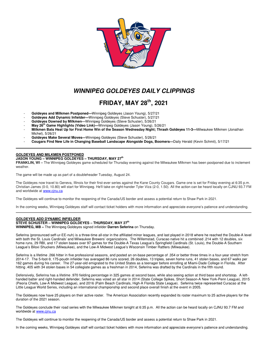 Winnipeg Goldeyes Daily Clippings Friday, May 28 , 2021